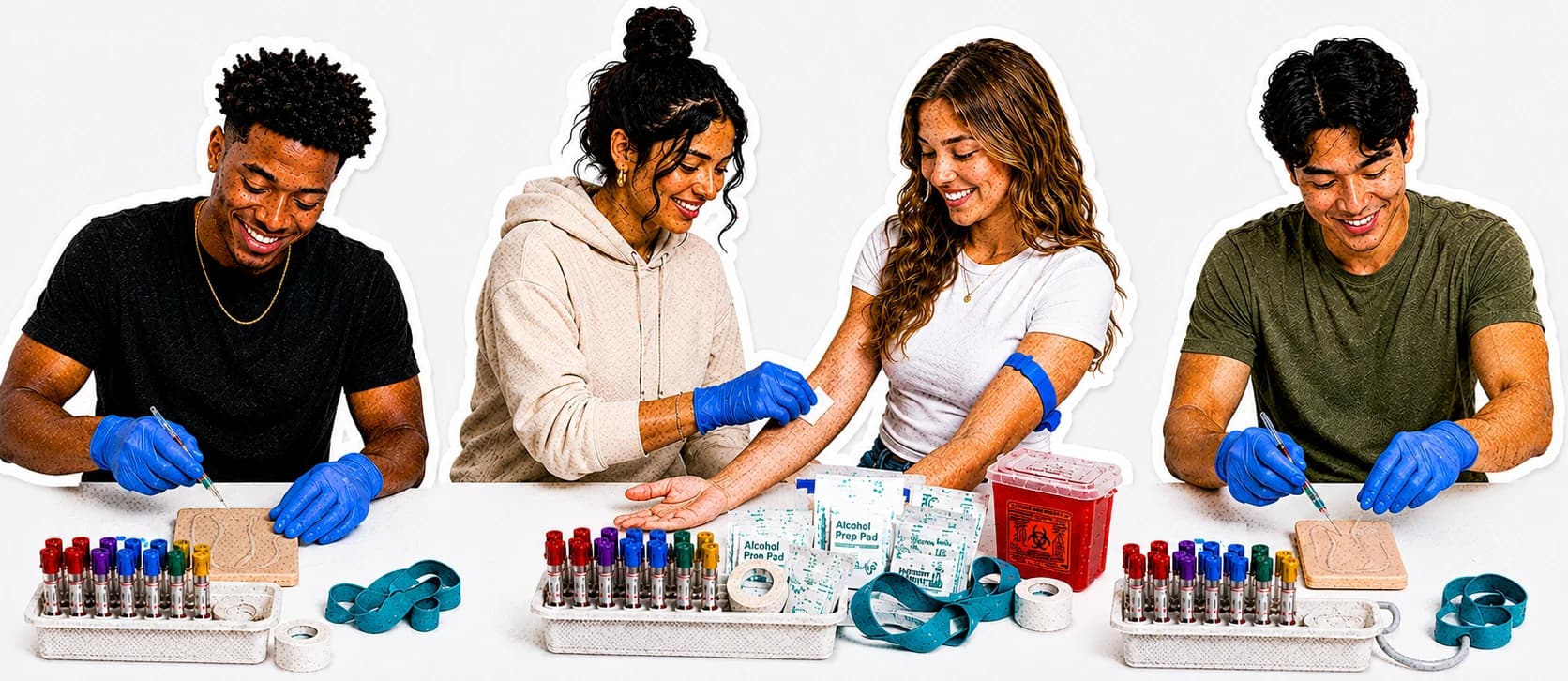 Students practising venipuncture on training arms and on each other, with tubes, alcohol pads and a sharps container laid out in front of them.